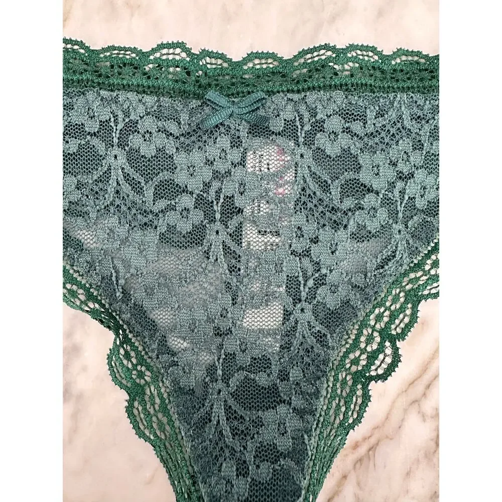 FREE PEOPLE INTIMATELY Dark Emerald Green Floral Lace Bow Thong Underwear XS